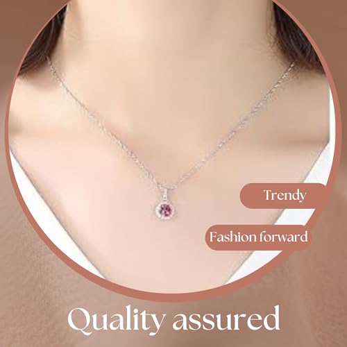 925 Sterling Silver Wedding Jewelry Set for Women - Sapphire Tone Gemstone Pendant Necklace and Stud Earrings with Cubic Zirconia Halo Design - Premium Rhodium Plated Finish - color: Red