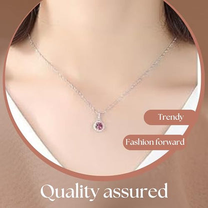 925 Sterling Silver Wedding Jewelry Set for Women - Sapphire Tone Gemstone Pendant Necklace and Stud Earrings with Cubic Zirconia Halo Design - Premium Rhodium Plated Finish - color: Red
