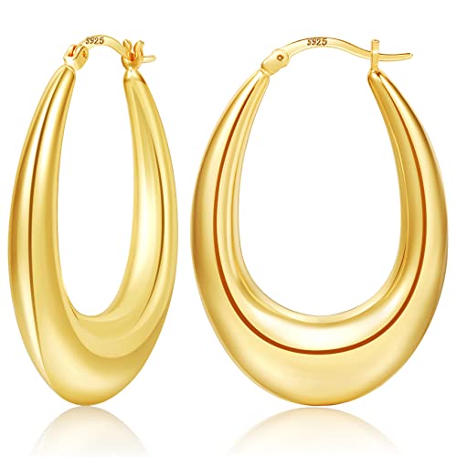 PABBEU Chunky Silver Hoops Earrings for Women Hypoallergenic | Lightweight 925 Sterling Silver Oval Hoop Earring, Sterling Silver Thick Hoop Earrings for Women Gift 25/28/30/38/40mm - color: 30mm Gold