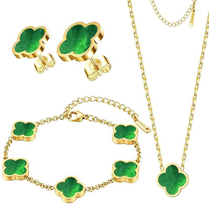 Clover Jewelry Set 3 PC - 18K Gold Plated Stainless Steel Y Necklace Four Leaf Pendant, Clover Bracelet Charm, 4leaf Earrings, Hypoallergenic Non-Tarnish, Lucky Jewelry Gifts for Women Mom - color: Emerald Green/Gold