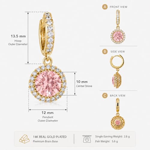 14K Gold Plated Hoop Dangle Earrings for Women, Hypoallergenic Colorful Cubic Zirconia Drop Earrings, Lightweight Huggie Earrings for Women - color: Gold/Pink