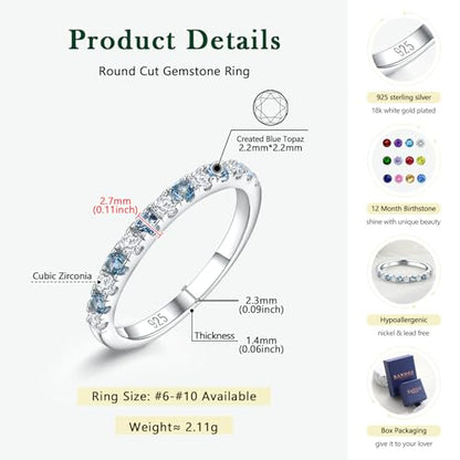 Birthstone Rings Eternity Band 925 Sterling Silver/Yellow Gold-Plated Created Gemstone Stackable Wedding Band 2.7mm Thin Half Eternity Rings for Women Size 6 to 10 - color: 12-Blue Topaz-Dec.