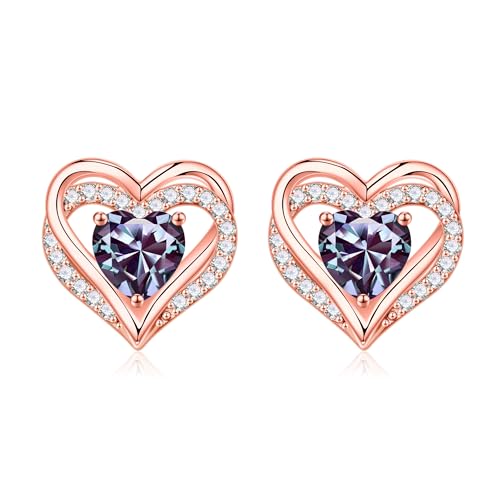 Iefil Birthstone Earrings for Women - 925 Sterling Silver Heart Stud Earrings Birthday Gifts for Women - color: Rose-Gold-Plated-06-Jun-Created Alexandrite