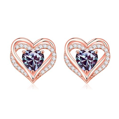 Iefil Birthstone Earrings for Women - 925 Sterling Silver Heart Stud Earrings Birthday Gifts for Women - color: Rose-Gold-Plated-06-Jun-Created Alexandrite