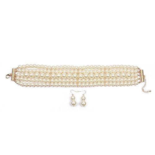 KOSMOS-LI Fashion Simulate Pearl Choker Necklace With Earrings Set - color: Ivory