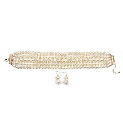 KOSMOS-LI Fashion Simulate Pearl Choker Necklace With Earrings Set - color: Ivory
