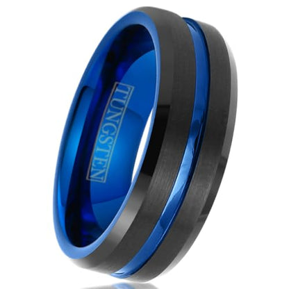 Engraved Personalized 6mm/8mm Brushed Finish Black Tungsten Carbide Band Ring w/Brilliant Thin Blue Line Stripe, Matching Blue Inner Band & Black Beveled Edges.