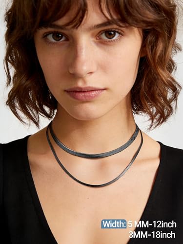 PROSTEEL 3mm/5mm Herringbone Choker Necklace for Women, 12.5"/15"/18", Stainless Steel/Sterling Silver Flat Snake Chain in Silver/Yellow Gold/Rose Gold/Black, Come with Box - color: 5mm-Black Plated, size: 12.5 Inch
