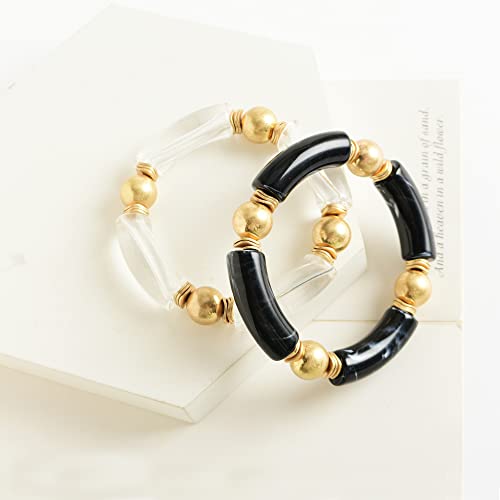 LALAPPLE Gold Plated Beaded Acrylic Bamboo Tube Bangle Bracelets for Women, Colorful Chunky Curved Tube With Gold Plated Pieces Beads Stretch Bracelet Friendship Summer Beach Jewelry - color: R-Black&Clear 2pcs