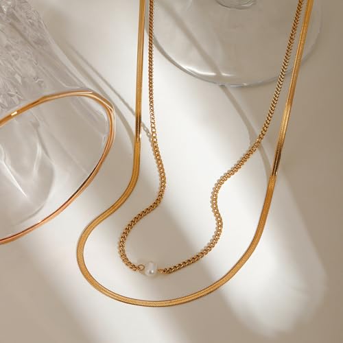Layered Gold Necklaces for Women14K Gold Planted Non Tarnish | Cuban, Herringbone,Figaro,Paperclip Chain Layering Stack Choker Necklace , Trendy Jewelry Gift for Women - color: D