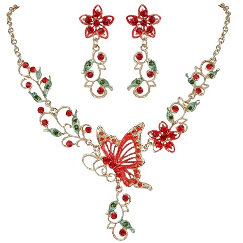 EleQueen Women's Crystal Butterfly Flower Leaf Necklace Earrings Set | Crystal Jewelry Set for Brides Bridesmaids, Necklace Set for Party - color: Gold-Tone Red Ruby Color