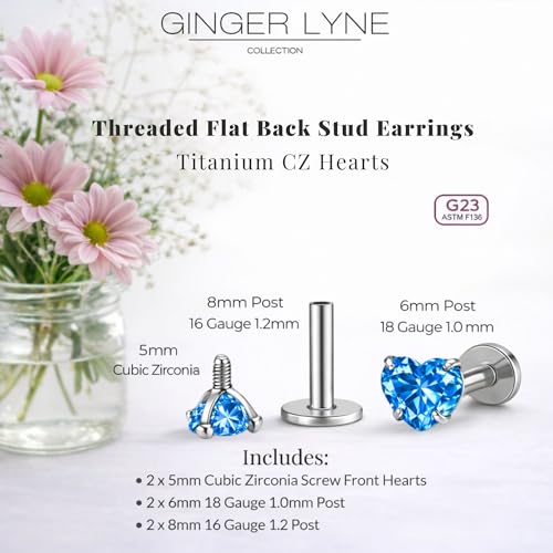 Titanium Heart CZ Labret Stud Earrings for Piercings by Ginger Lyne 6Pc Set G23 Screw Front Flat Back Body Jewelry 2 pair post 6mm, 8mm Cartilage, Helix, Tragus, Lip, Conch, Lobe - color: 5mm-Blue
