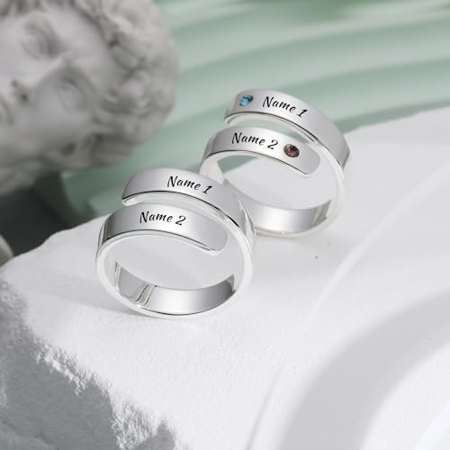 INBLUE Personalized 925 Sterling Silver Spiral Twist Ring for Women Customized Engraving Name/Date with Birthstones Adjustable Open Wrap Band Promise Ring Gift for Wedding Engagement - color: Text