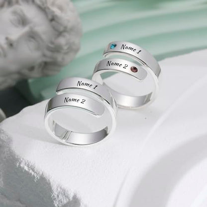 INBLUE Personalized 925 Sterling Silver Spiral Twist Ring for Women Customized Engraving Name/Date with Birthstones Adjustable Open Wrap Band Promise Ring Gift for Wedding Engagement - color: Text