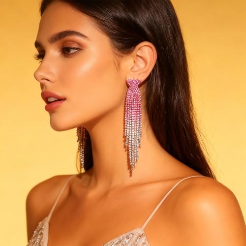 Rhinestone Earrings Prom Earrings for Women Sparkly Long Tassel Chandelier Drop Statement Earring Jewerly Gifts Wedding Party Prom Dresses Accessories - color: B6:pink&silver