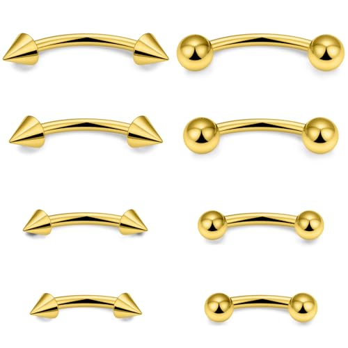 14G Snake Eyes Piercing Jewelry Tongue Curved Barbell Surgical Steel Belly Button Ring Eyebrow Piercing Jewelry Vertical Labret Lip Jewelry for Women Men Bar Length 8mm 10mm 12mm 14mm - color: 8pcs,14g,ball+spike,goldtone
