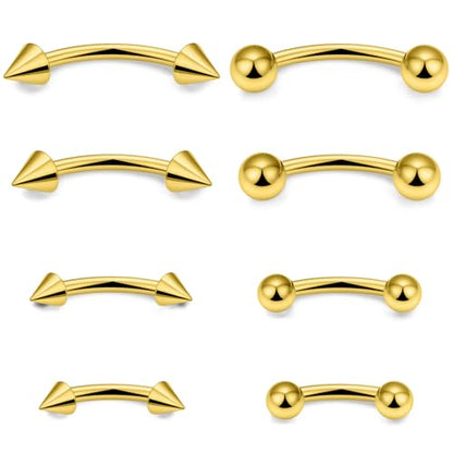 14G Snake Eyes Piercing Jewelry Tongue Curved Barbell Surgical Steel Belly Button Ring Eyebrow Piercing Jewelry Vertical Labret Lip Jewelry for Women Men Bar Length 8mm 10mm 12mm 14mm - color: 8pcs,14g,ball+spike,goldtone