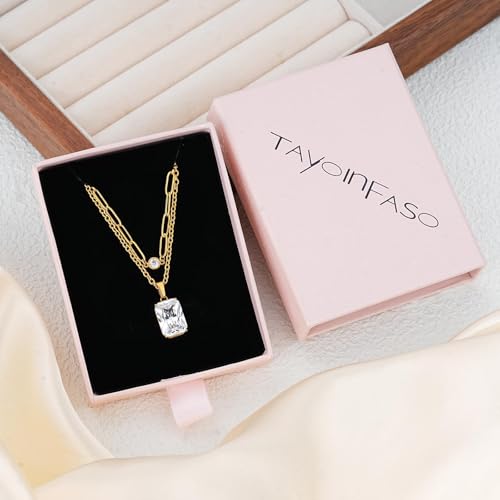 Birthstone Layered Pendant Paperclip Necklace 18k Gold Plated Heart Choker Chain Necklace Emerald Cut Jewelry Birthday Gift for Women - color: Emerald-Cut Diamond