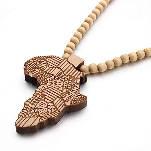 COLORFUL BLING Multicolor 8MM Wooden Bead Chain African Hip-hop Africa Map Pendant Necklace for Men Boys Natural Wood Jewelry - color: style2 light