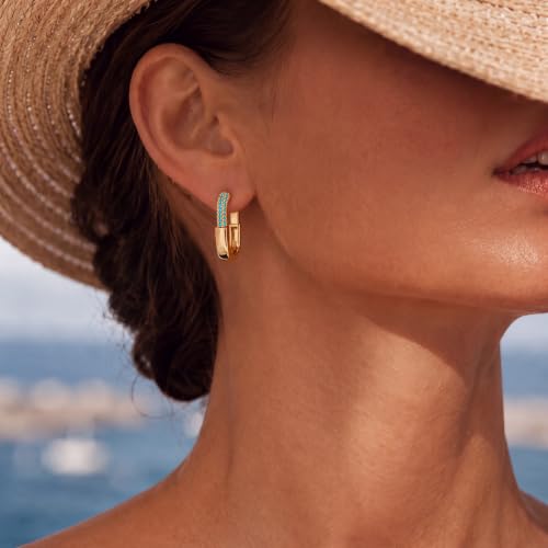 VALLOEY ROVER Chunky Gold Hoop Earrings for Women Hypoallergenic | 14k Gold Plated Small Thick Square Turquoise Cubic Zirconia Huggie Hoop Earrings for Women Fashion Trendy Jewelry Gift - color: Tur Hoop