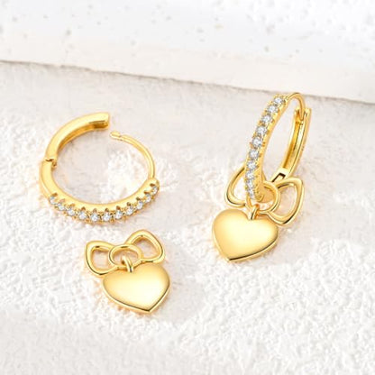 925 Sterling Silver Dangle Whale Shark Butterfly Bow Earrings for Women | Hypoallergenic Huggie Hoop Drop Cross Earrings for Sensitive Ears, Cubic Zirconia Statement Trendy Jewelry Birthday Gifts - color: Gold Sparkling Bow Love