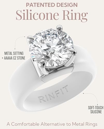 Rinfit Silicone Ring with Stone, Round Cut CZ | AAAAA Grade Cubic Zirconia, Solitaire Engagement Ring for Her, Flexible Rubber Wedding Band for Women, Patented Design - color: Pack A: White / Silver