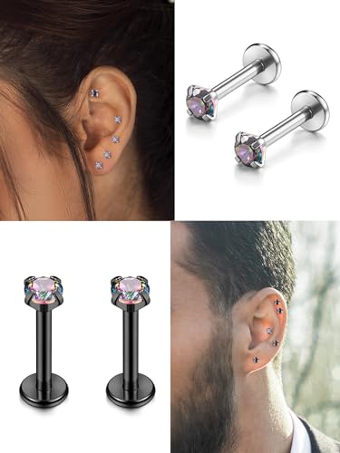 PiercingJ 2-4pcs 16g 316L Stainless Steel 3mm Cubic Zirconia Labret Monroe Lip Ring/Tragus/Helix Earring,6-12mm Bar Length - style: Color zirconia / 8mm black bar