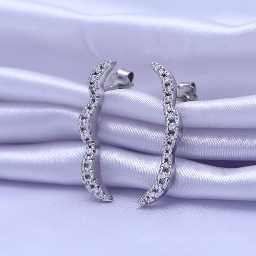 Round Cut White Cubic Zirconia Wave Shaped Ear Climbers Stud Earrings in 14K Gold Plated Sterling Silver With Push Back for her - color: white-gold-plated-silver