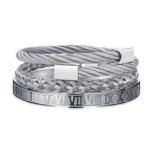 WFYOU 3PCS Stainless Steel Imperial Crown Bracelets for Men Gold Roman Numeral Bangle Bracelet Adjustable Cuff Bracelet Mens Luxury Jewelry Gifts - style: 09:Silver- Square