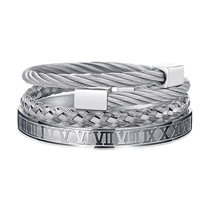 WFYOU 3PCS Stainless Steel Imperial Crown Bracelets for Men Gold Roman Numeral Bangle Bracelet Adjustable Cuff Bracelet Mens Luxury Jewelry Gifts - style: 09:Silver- Square