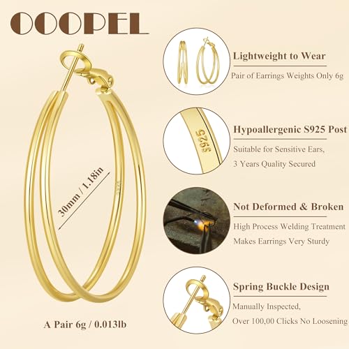 Large Thin Double Hoop Earrings for Women Lightweight Hypoallergenic 925 Sterling Silver Post 14K Gold Hoops Non Tarnish Sturdy Big Thin Double Layered Hoop Earrings 30/40/50/60mm - color: Gold, size: 30mm