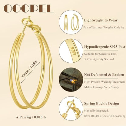 Large Thin Double Hoop Earrings for Women Lightweight Hypoallergenic 925 Sterling Silver Post 14K Gold Hoops Non Tarnish Sturdy Big Thin Double Layered Hoop Earrings 30/40/50/60mm - color: Gold, size: 30mm