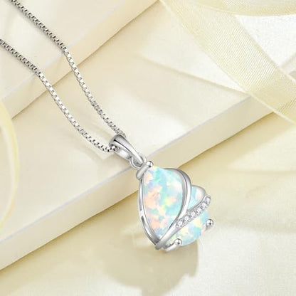 Birthstone Pendant Necklace 925 Sterling Silver Teardrop Jewelry for Women - color: lridescent White