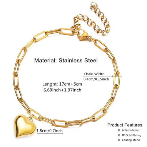 Stainless Steel Puffy Heart Charms Paperclip Chain Bracelet | Paper Clip,for Women,Love - color: 18K Gold Color