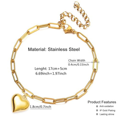Stainless Steel Puffy Heart Charms Paperclip Chain Bracelet | Paper Clip,for Women,Love - color: 18K Gold Color