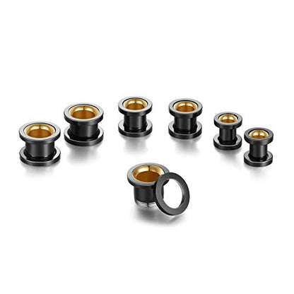 WBRWP 2pcs Hollow Gold Stainless Steel with Zircon Ear Plugs Tunnels - Ear Expander - Ear Gauges Stretcher Body Piercing Jewelry 8g-5/8 - color: Black with Gold Steel