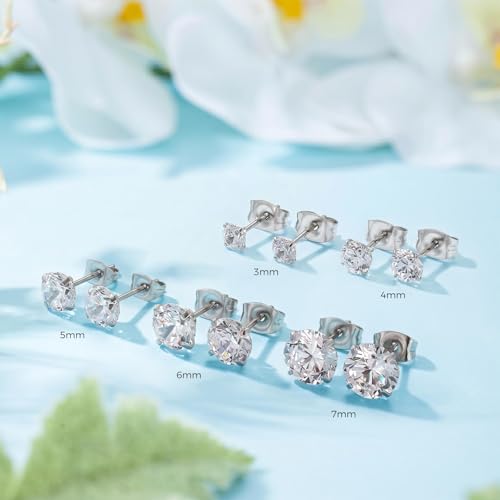 5 Pairs Stud Earrings for Women, Hypoallergenic Cubic Zirconia Silver Black 316L Surgical Stainless Steel Rainbow CZ Earrings Set 3-7mm - color: 5 Pairs Silver+Clear CZ