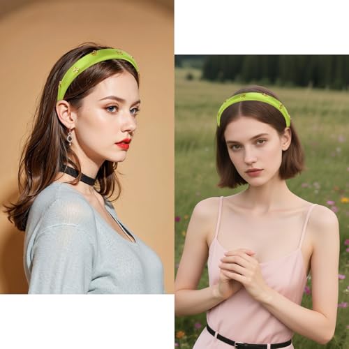 CURASA Padded Headband For Women Cute Non Slip Head Band Soft Sponge Hairband Green Trendy Satin Hairbands Fashion Gold Metal Bow Decorative Hair Hoop Comfortable Elastic Yoga Hair Accessories