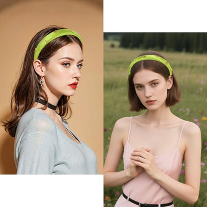 CURASA Padded Headband For Women Cute Non Slip Head Band Soft Sponge Hairband Green Trendy Satin Hairbands Fashion Gold Metal Bow Decorative Hair Hoop Comfortable Elastic Yoga Hair Accessories