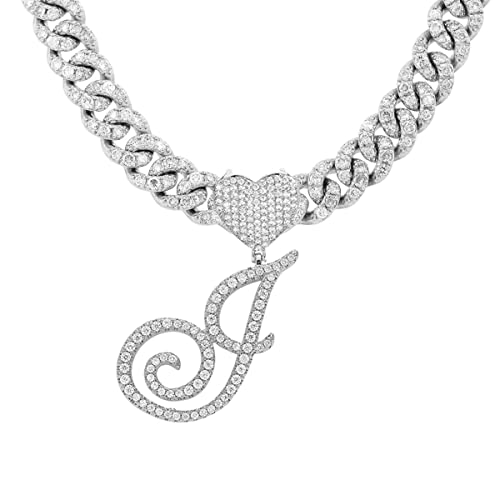 Initial Necklaces Silver Cuban Link Chain for Women Iced Out Chain with Heart Letter Pendants Custom Chain Name Necklace Hip Hop Jewelry Gift - color: J