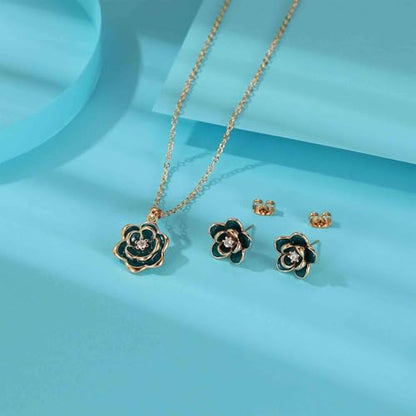EVEVIC Dainty Flower Pendant Necklace Earrings for Women 14K Gold Plated Hypoallergenic Jewelry Sets - color: Green /Rose Gold-tone