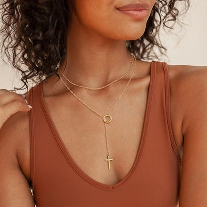CHESKY Lariat Necklace for Women，14k Gold/Sliver Plated Layered Necklace | Gold/Sliver Long Necklace，Dainty Cross Pendant, Wedding Y-Shaped Drop Chain, Waterproof Jewelry Gift for Women Everyday Wear - style: Cross