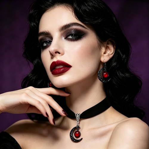 ONLYJUMP Gothic Witch Moon Earrings Necklace Set for Women Goth Black Velvet Moon Choker Necklace Moon Zirconia Dangle Drop Earrings Dark Halloween Witch Vampire Jewelry - color: Red