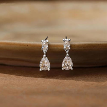 Dangle Drop Gold Earrings Women Prom with CZ Wedding Jewelry Gift | Dangling for Bridal, Sparkly Diamond , Gifts for Women, Dainty, Trendy, Butterfly Back - color: Silver-2CZ Drop