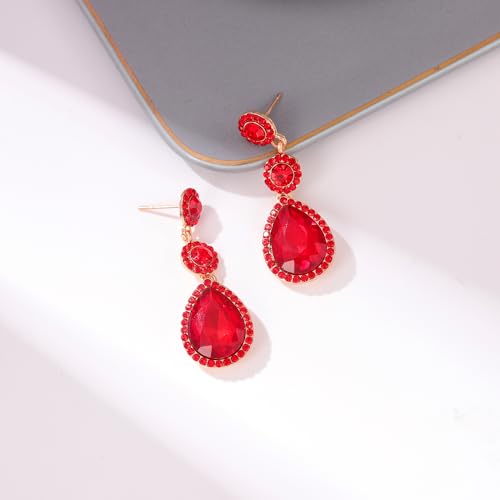 YINLI Elegant Wedding Bridal Crystal Tear Drop Dangle Earrings for Women - color: Red,Gold