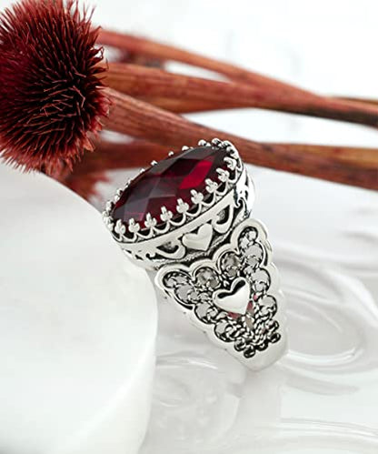 Filigranist 925 Sterling Silver Handcrafted Filigre Art Double Heart Detailed Women Cocktail Ring with Gemstones - color: Ruby Quartz