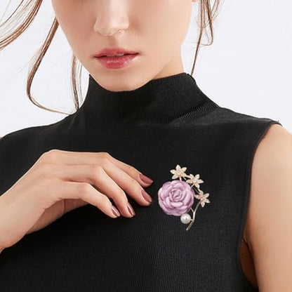 Handmade Elegant Red Rose Flower Brooch Pin for Women Crystal Pearl Fabric Flower Lapel Pin Dress Suit Accessories - color: Purple Gold Flower