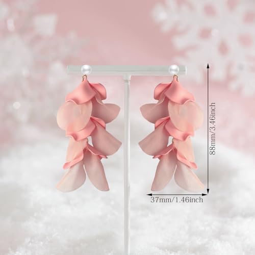 Handmade Bohemian Lightweight Fabric Flower Dangle Drop Earrings Chic Pearl Large Tassel Petal Stud Earrings For Women - color: Pink