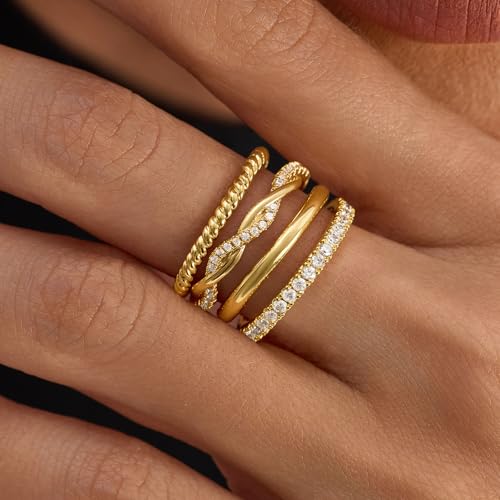 Cicy Bell Stackable Rings for Women 18K Gold Plated Non Tarnish Ring Set | Dainty Cubic Zirconia,Promise Wedding Engagement Rings, Statement Thin Rings,Trendy Jewelry Gifts - color: Gold-Style C, size: 6