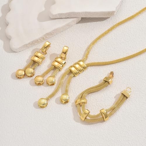 Gold Long Choker Necklace Set 18k Gold Plated Pendant Earrings Necklace Bracelet Set Simple Fashion Chain Jewelry Set For Women - style: 3 pieces